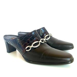 Brighton Shoes Brown Leather Heeled Mules Slip On Silver Buckle Accents 7.5